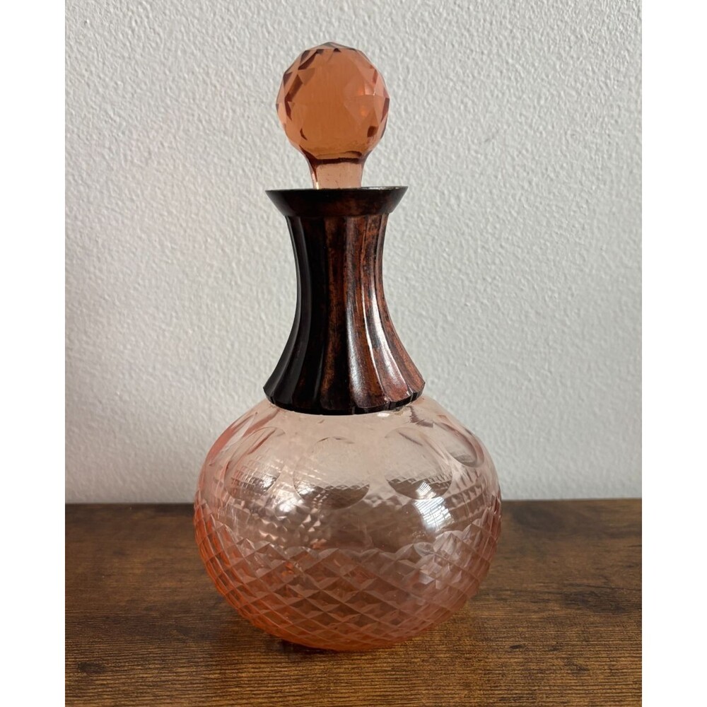 Antique Vintage Rose Pink/Gold Etched Glass Metal Decantor